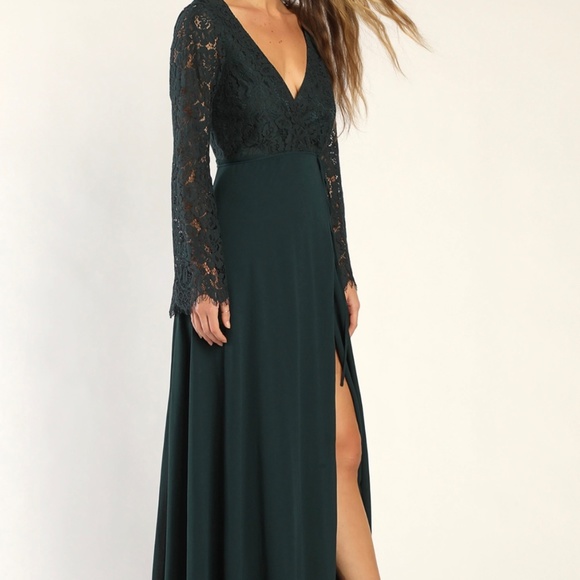 Lulus Dresses & Skirts - Emerald Green Lace Longsleeve Wrap Dress